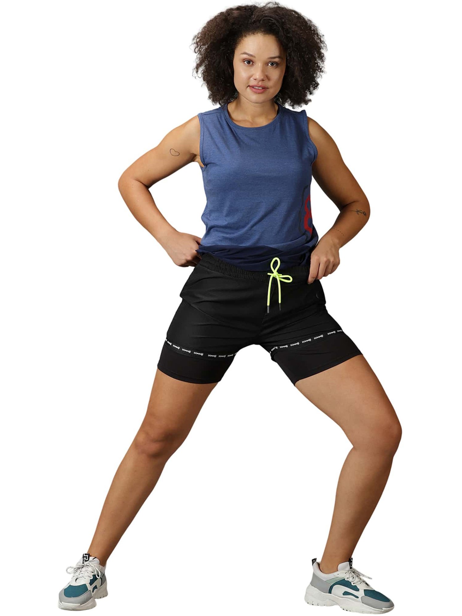 Domin8 Women Double Layered Solid Training Shorts With Drawstring Waist
