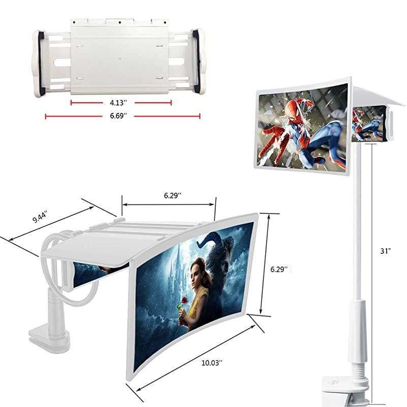 Phone Holder with 12 3D Curve Phone Screen MagnifierHD Screen Magnifier with Adjustable Clamp Lazy Phone Stand Phone Screen Amplifier Enlarger Compatible with for Smartphone Phone White