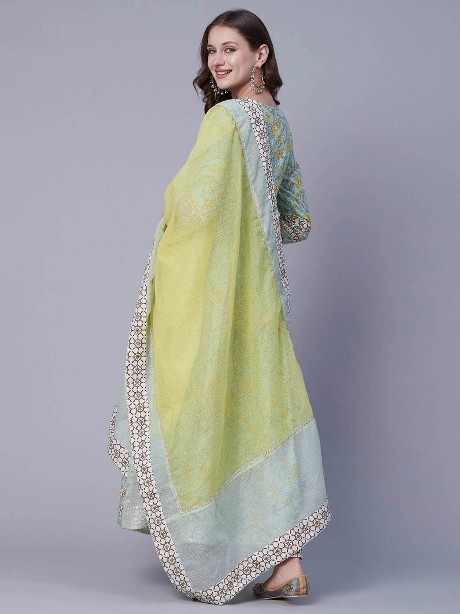 Fashor Pastel Green Cotton Floral Kurta With Pants & Dupatta