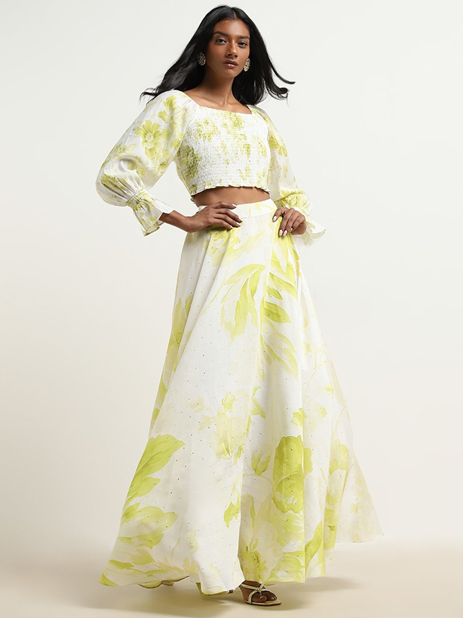 Vark by Westside Lime Floral Printed Top with High-Rise Skirt Set