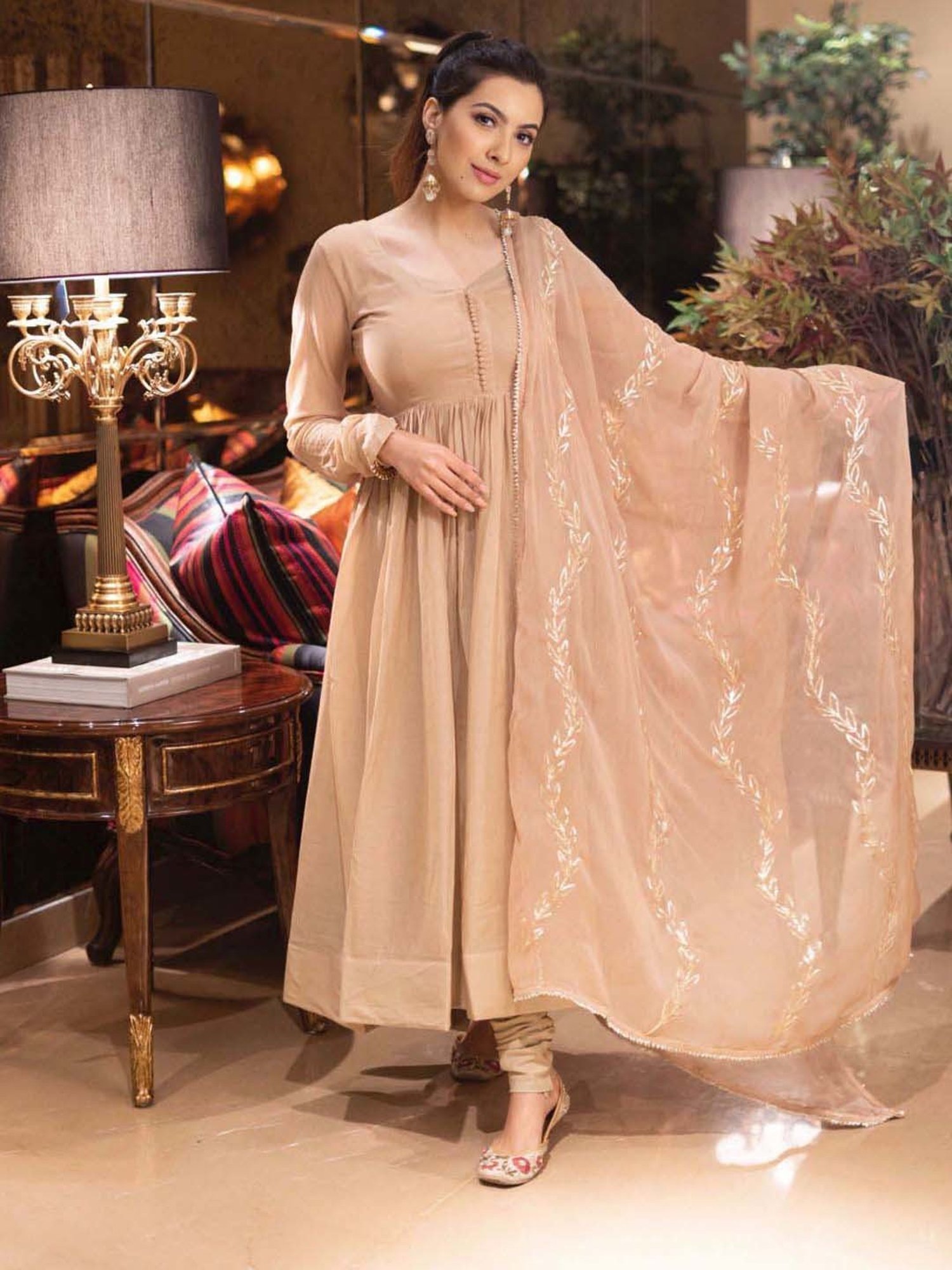 AACHHO Beige Kurta Pant Set With Dupatta