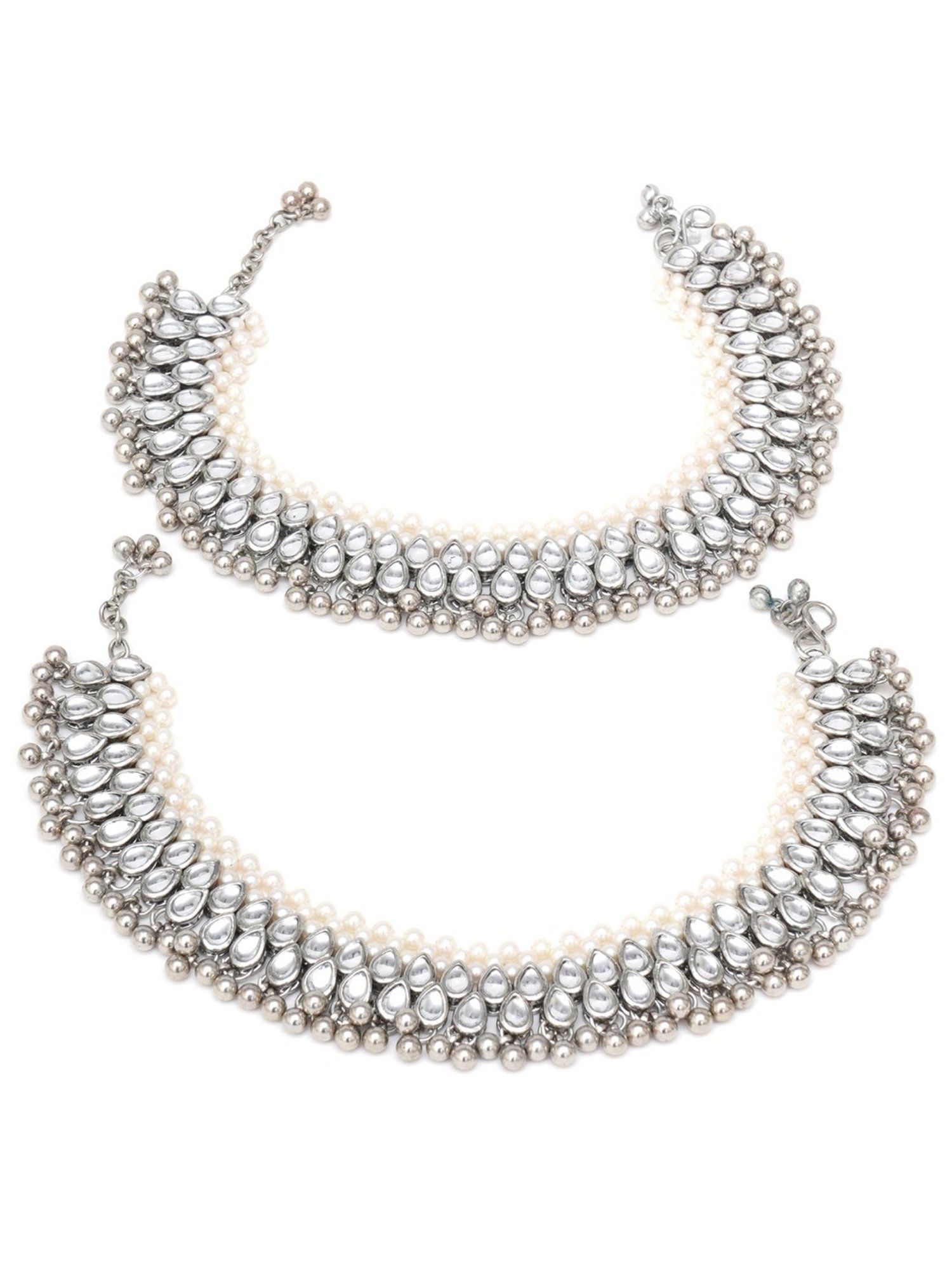 Karatcart Oxidized Silver Pearl and Drop Kundan Studded Anklet for Women