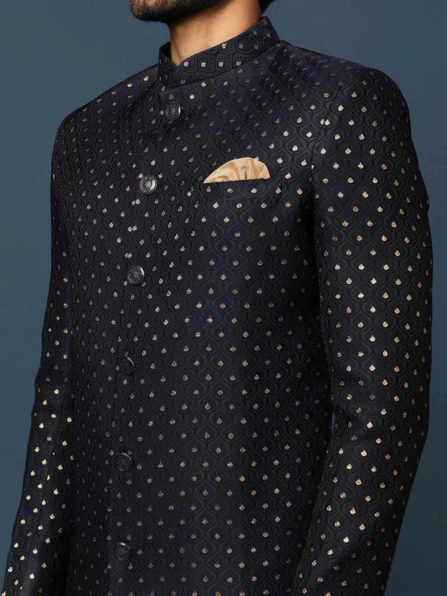 KISAH Navy Cotton Regular Fit Self Pattern Sherwani Set