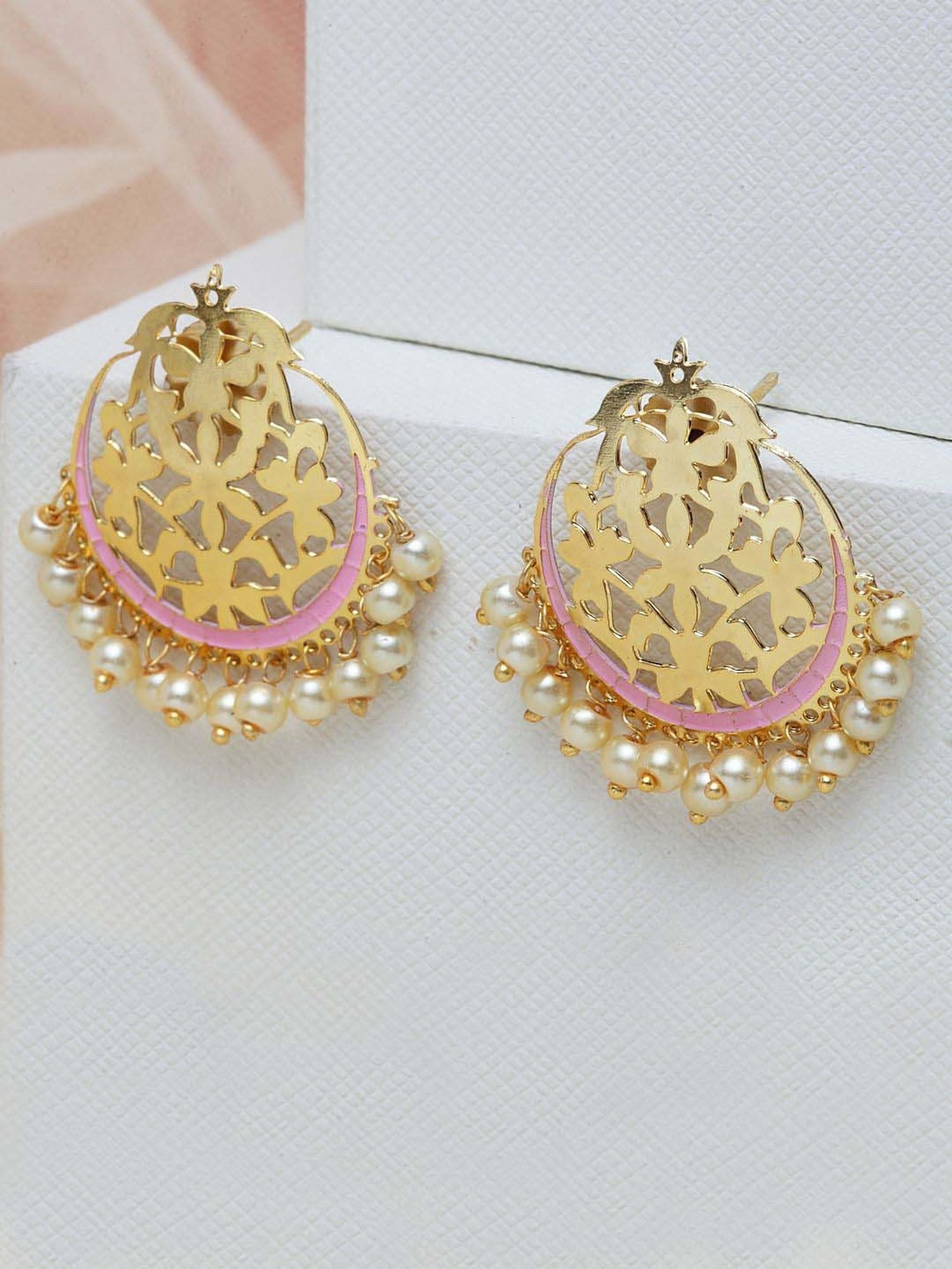 Panash Gold-Plated & Pink Meenakari Pearl Stud Earrings