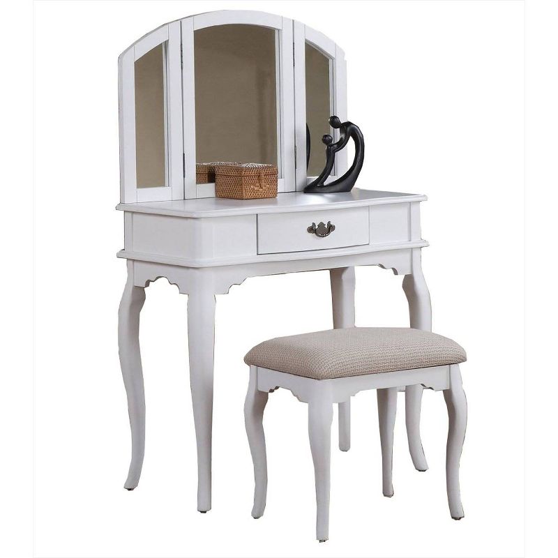 Wooden Vanity Set Featuring Stool And Mirror White - Benzara