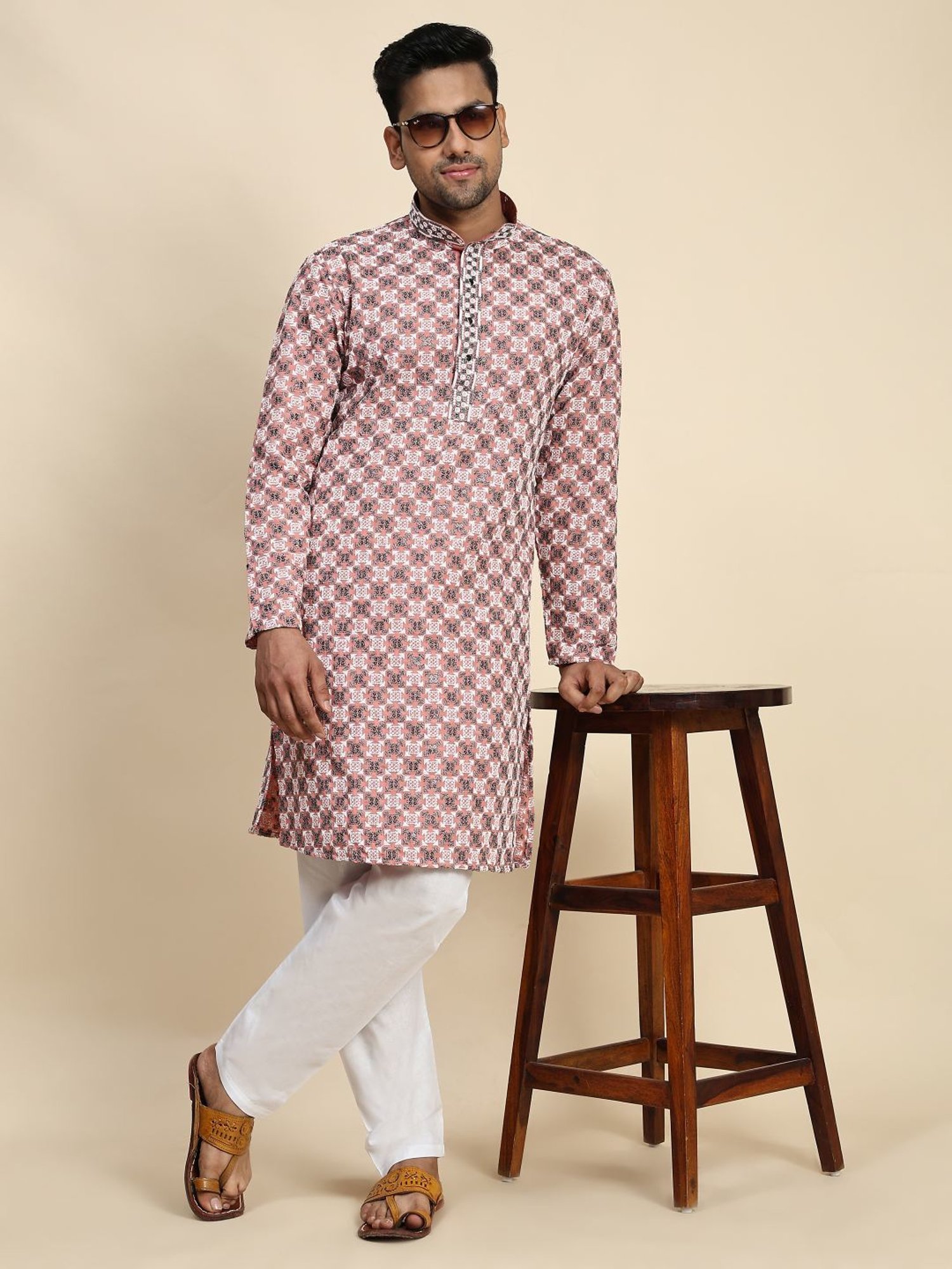 Pro-Ethic Style Developer Peach & White Cotton Regular Fit Embellished Kurta Bottom Set