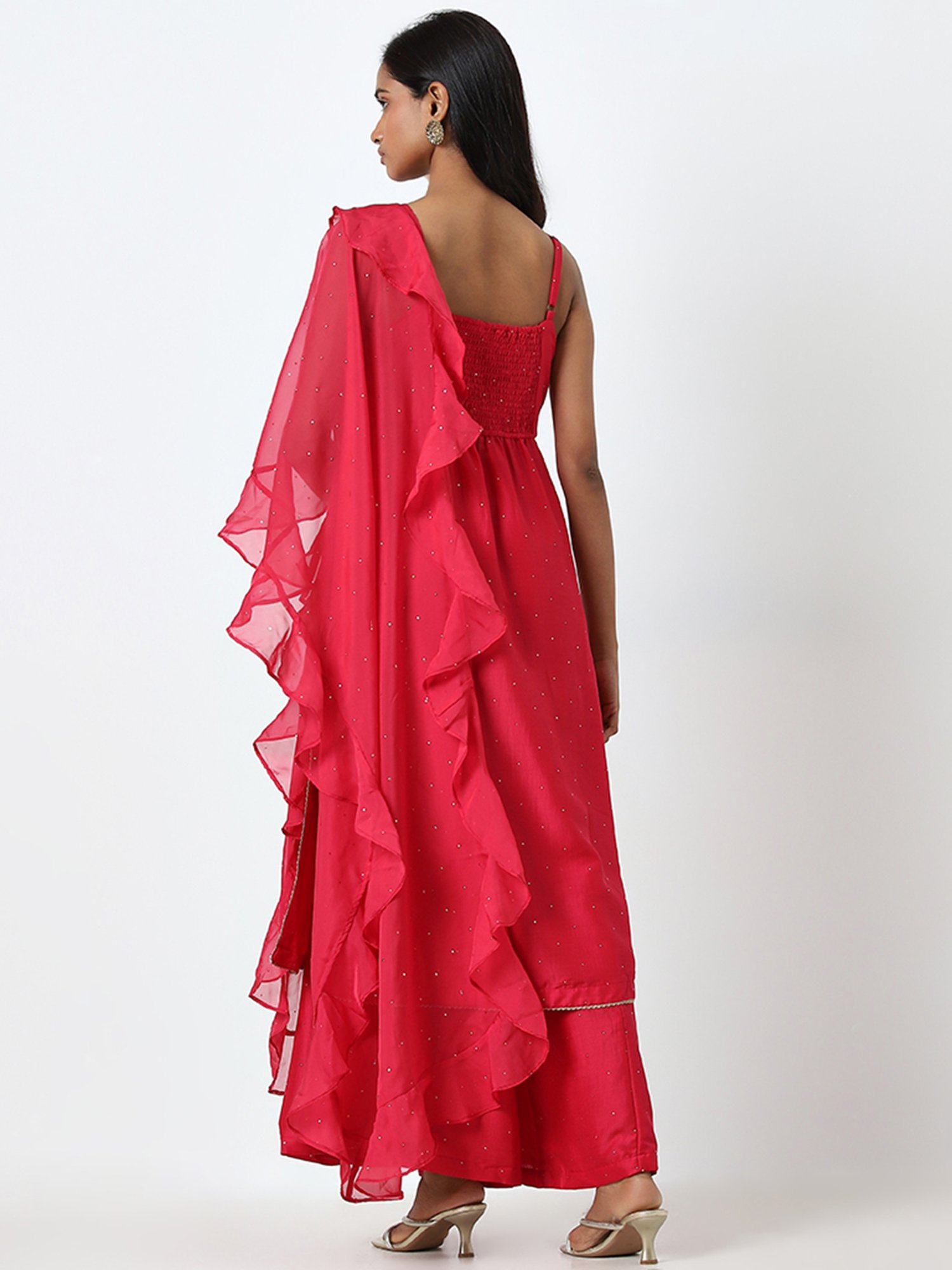 Vark by Westside Pink Embellished Kurta, Palazzos & Dupatta Set