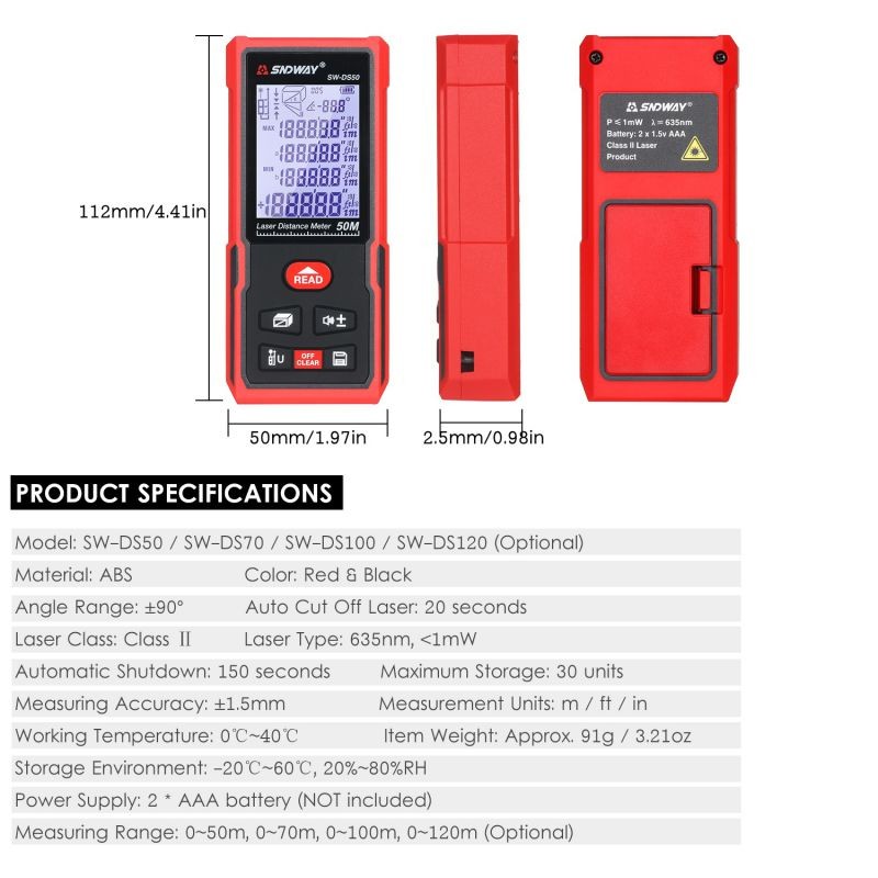 SNDWAY 50M Portable Laser Distance Meter Handheld Digital Laser Rangefinder Intelligent High Precision Infrared Electronic Ruler Laser Ruler Distance Measuring Instrument