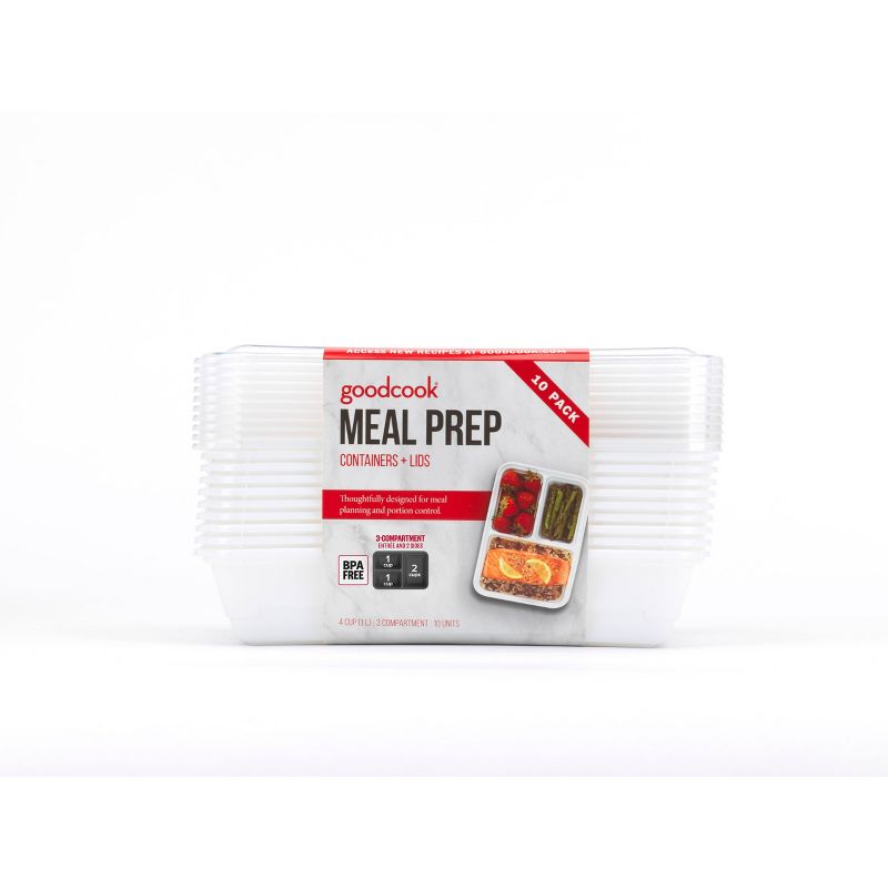 GoodCook Meal Prep 3 Compartment Rectangle White Containers + Lids - 10ct