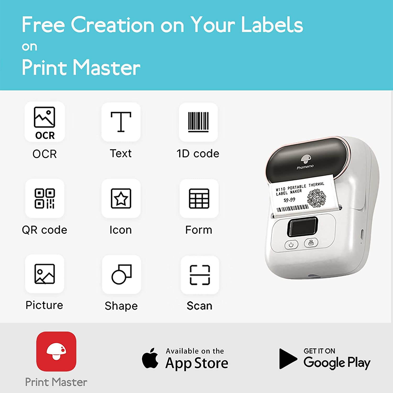 M110 Wireless Thermal Label Printer Portable Bluetooth Label Maker Machine Barcode Printer for iPhone and Android Phones