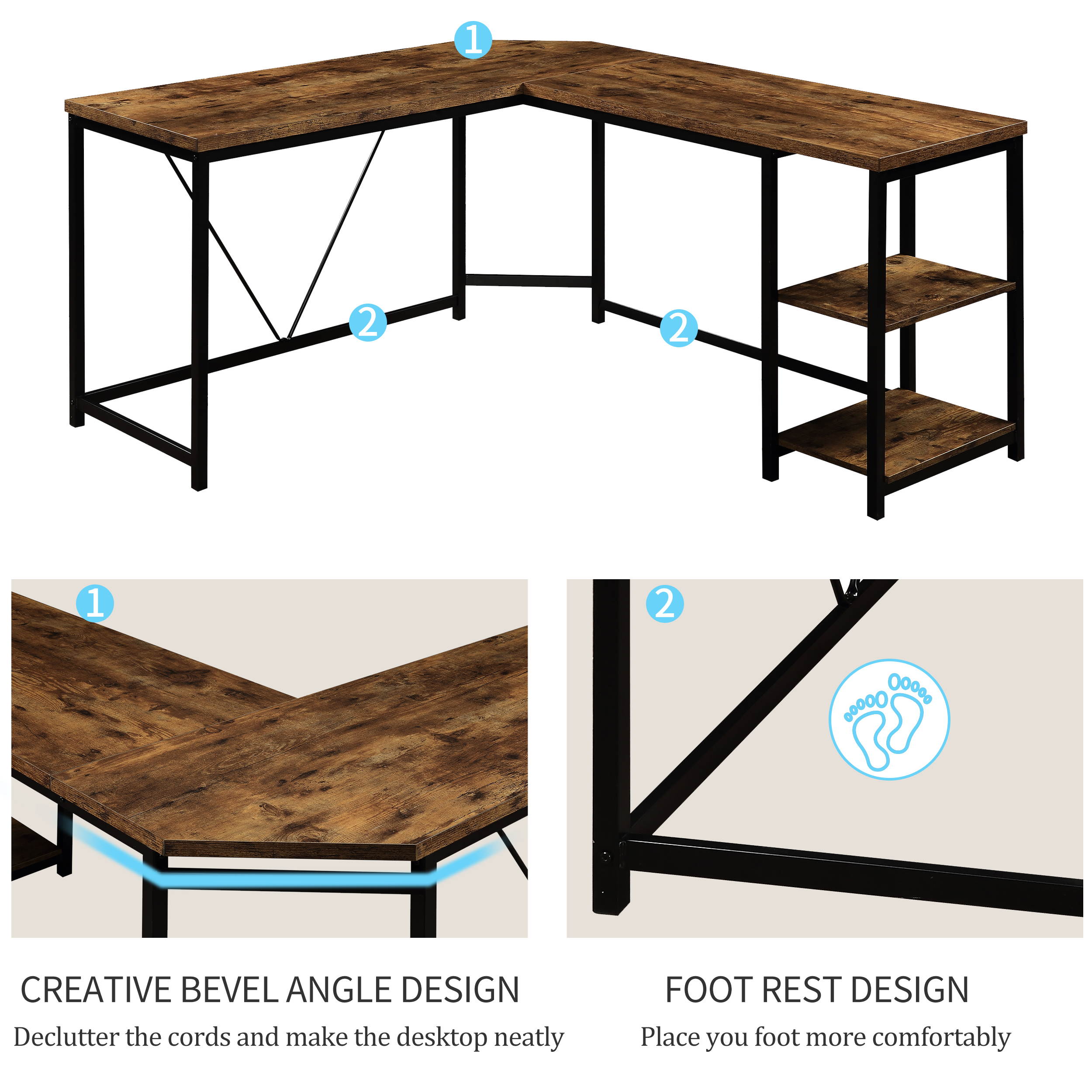 Home Office Desk L-Shaped Computer Desk Gaming Desk with 2-Tier Storage Shelves