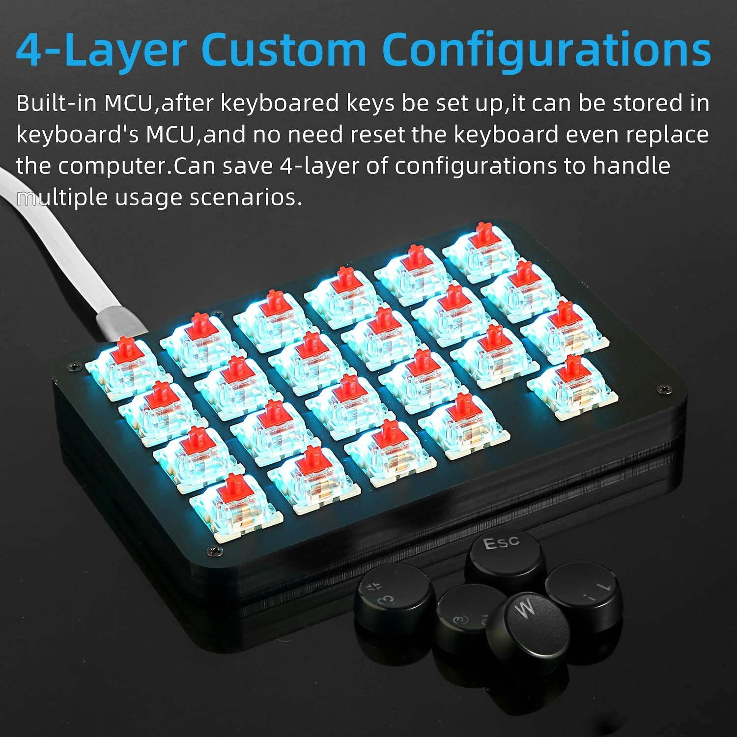 Koolertron One Handed Macro Mechanical Keyboard,Blue LED Backlit Portable Mini One-Handed Mechanical Gaming Keypad 23 Fully Programmable Keys Red Switches with Retro Classic Typewriter Round Keycaps