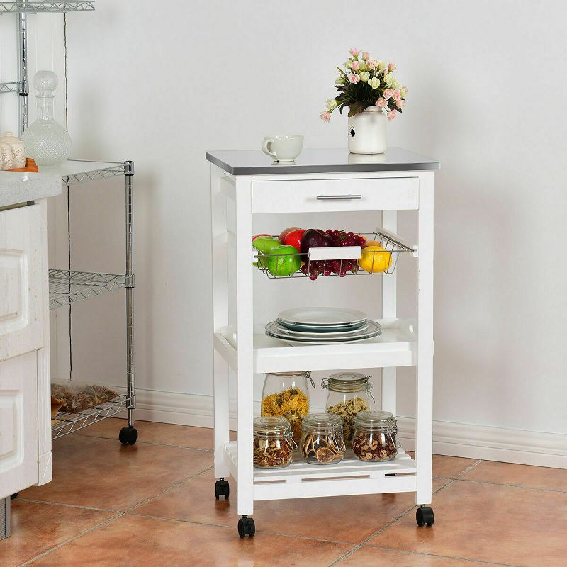 Costway Rolling Kitchen Trolley Cart Steel White Top Removable Tray W/Storage Basket &Drawers