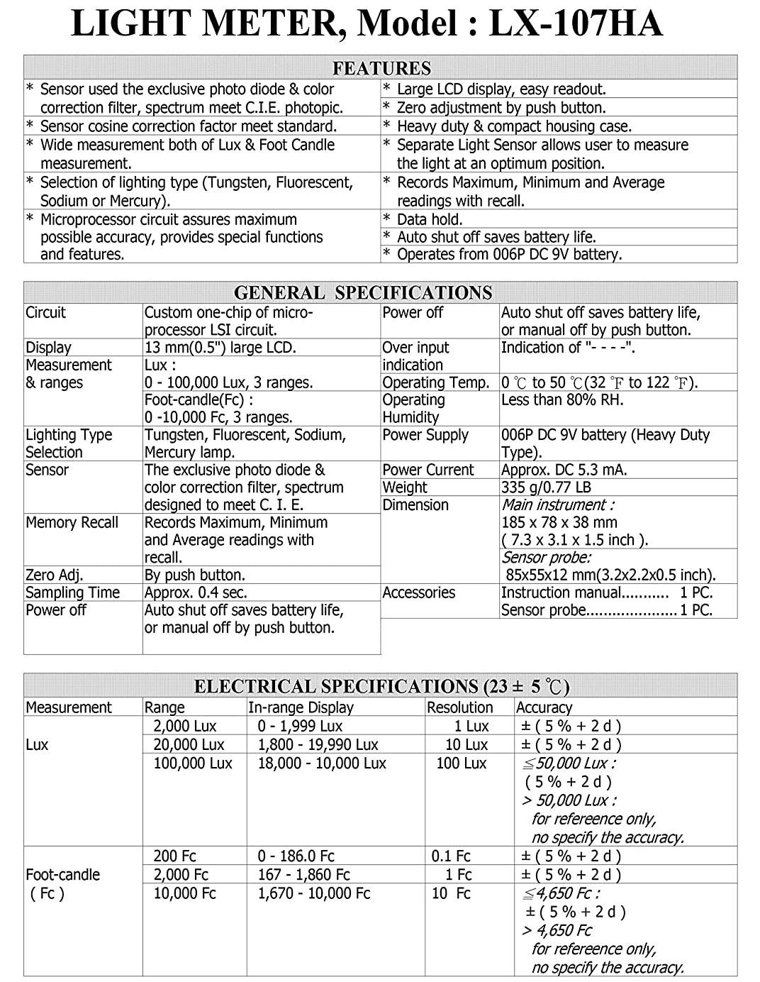 Digital Lux Meter 0 to 100000 Lux, 3 Ranges with 4 Selectable Light Types - Tungsten, Fluorescent, Sodium, Mercury