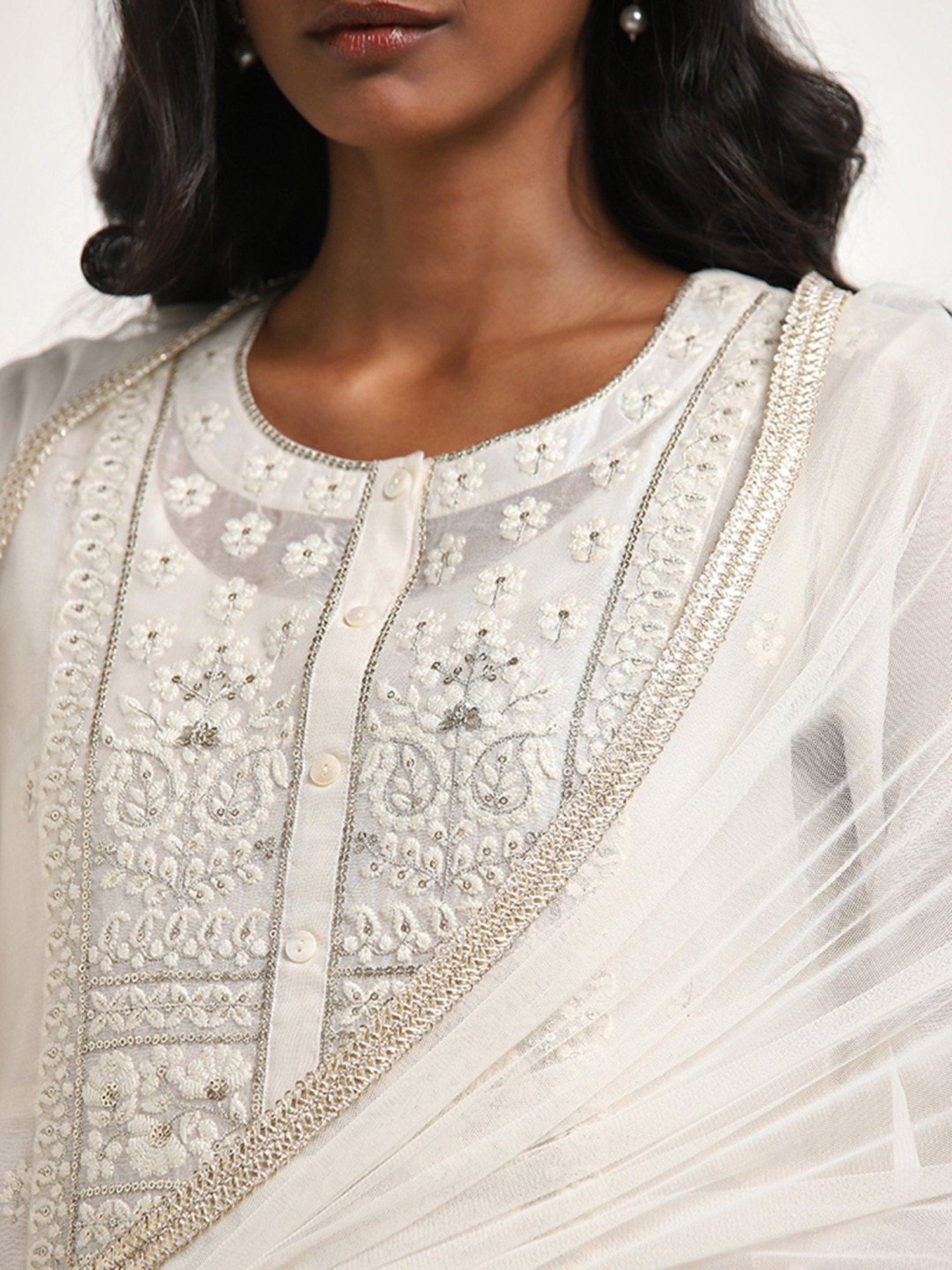 Vark by Westside White Embroidered A-Line Kurta, Pants & Dupatta Set