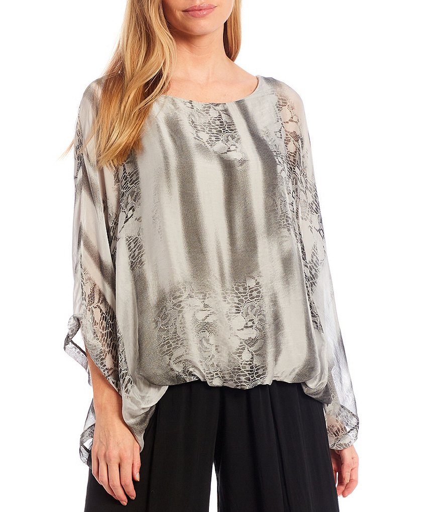 M Made in Italy Silk Blend Multi Combo Print 3/4 Sleeve Bubble Hem Poncho Top