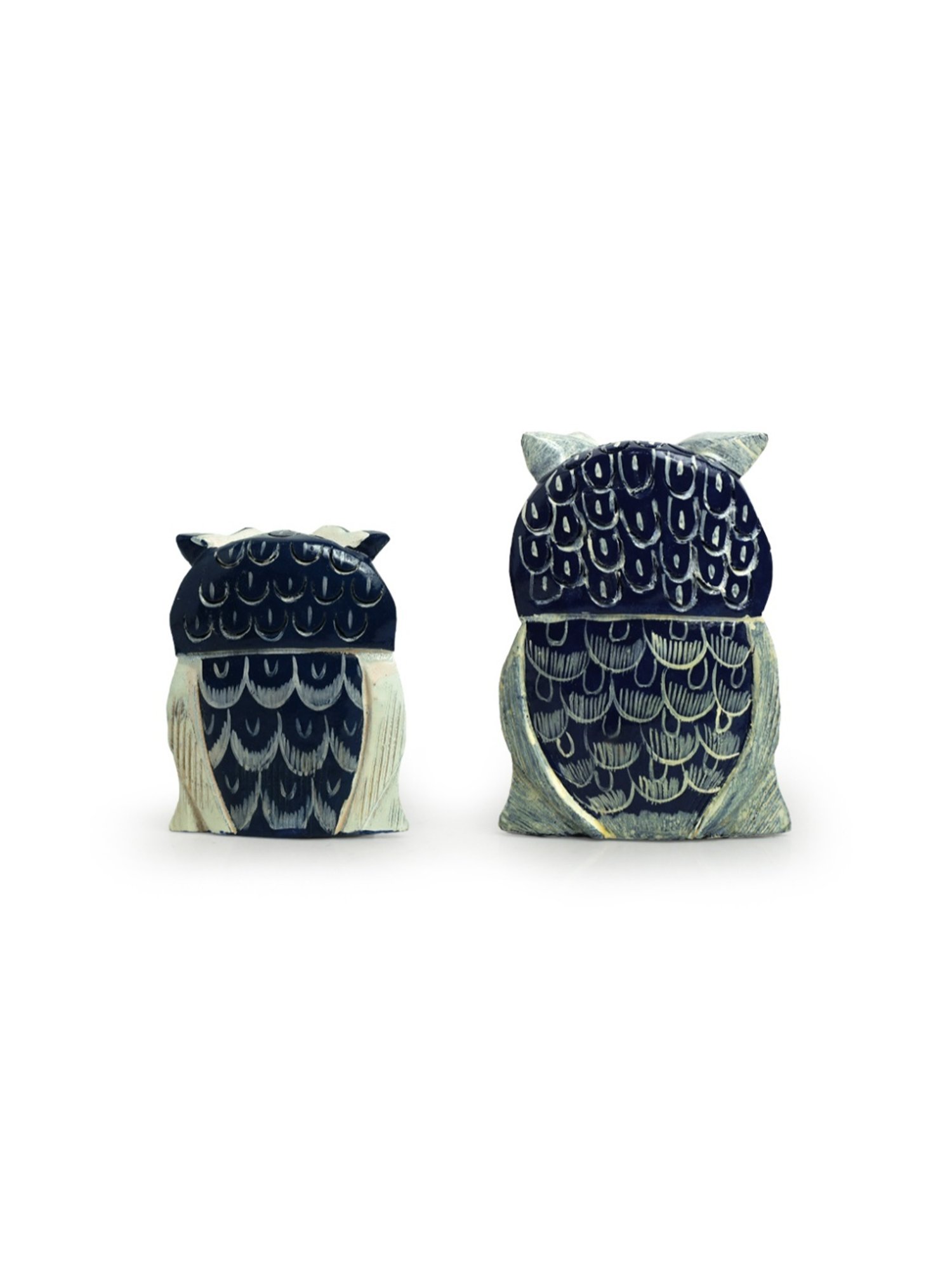 ExclusiveLane Hand-painted Blue & Off-White Eucalyptus Wood The Resting Owl Showpiece - Set of 2