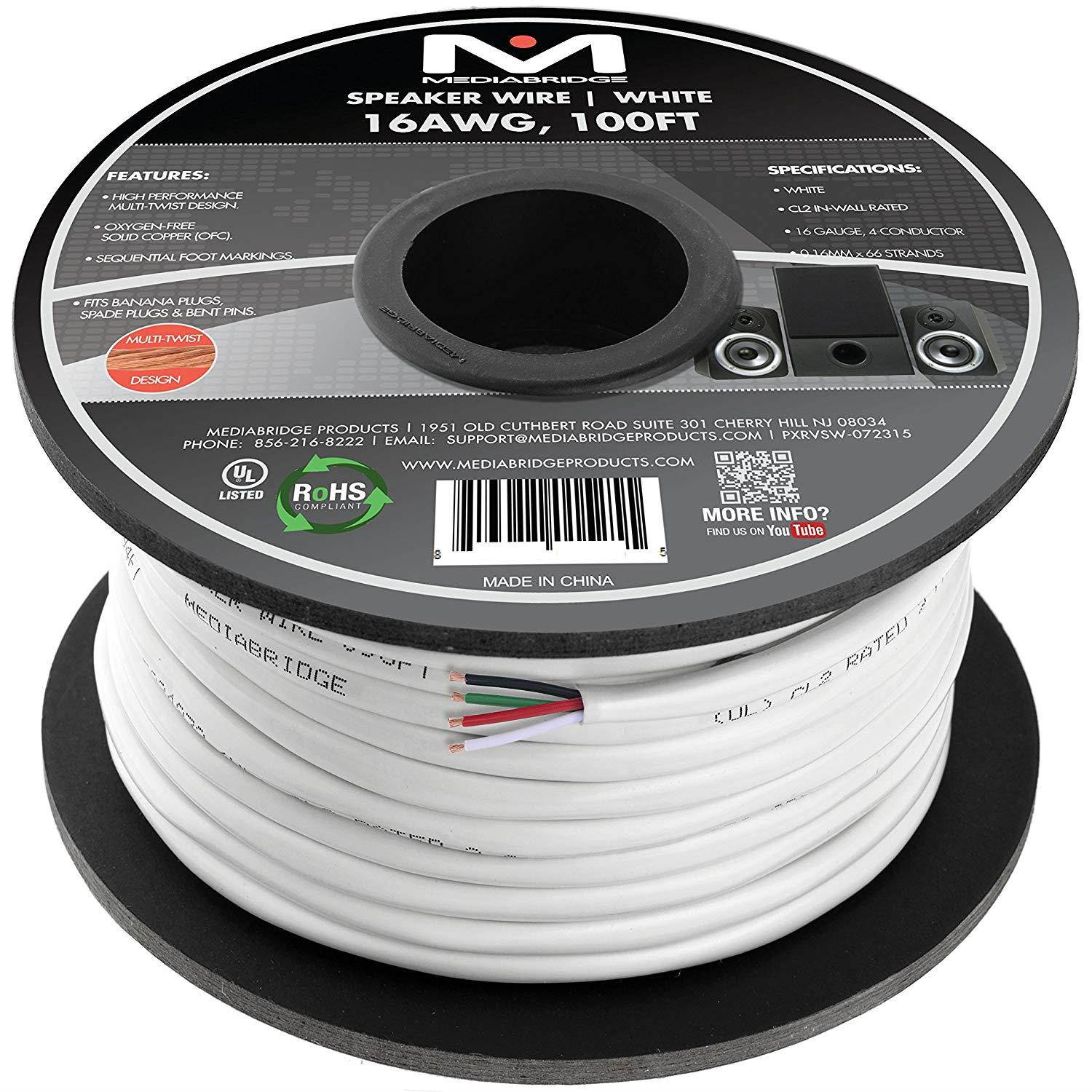 Mediabridge 16AWG 4-Conductor Speaker Wire (100 Feet, White) - 99.9% Oxygen Free Copper - CL2 for In-Wall ( SW-16X4-100-WH )