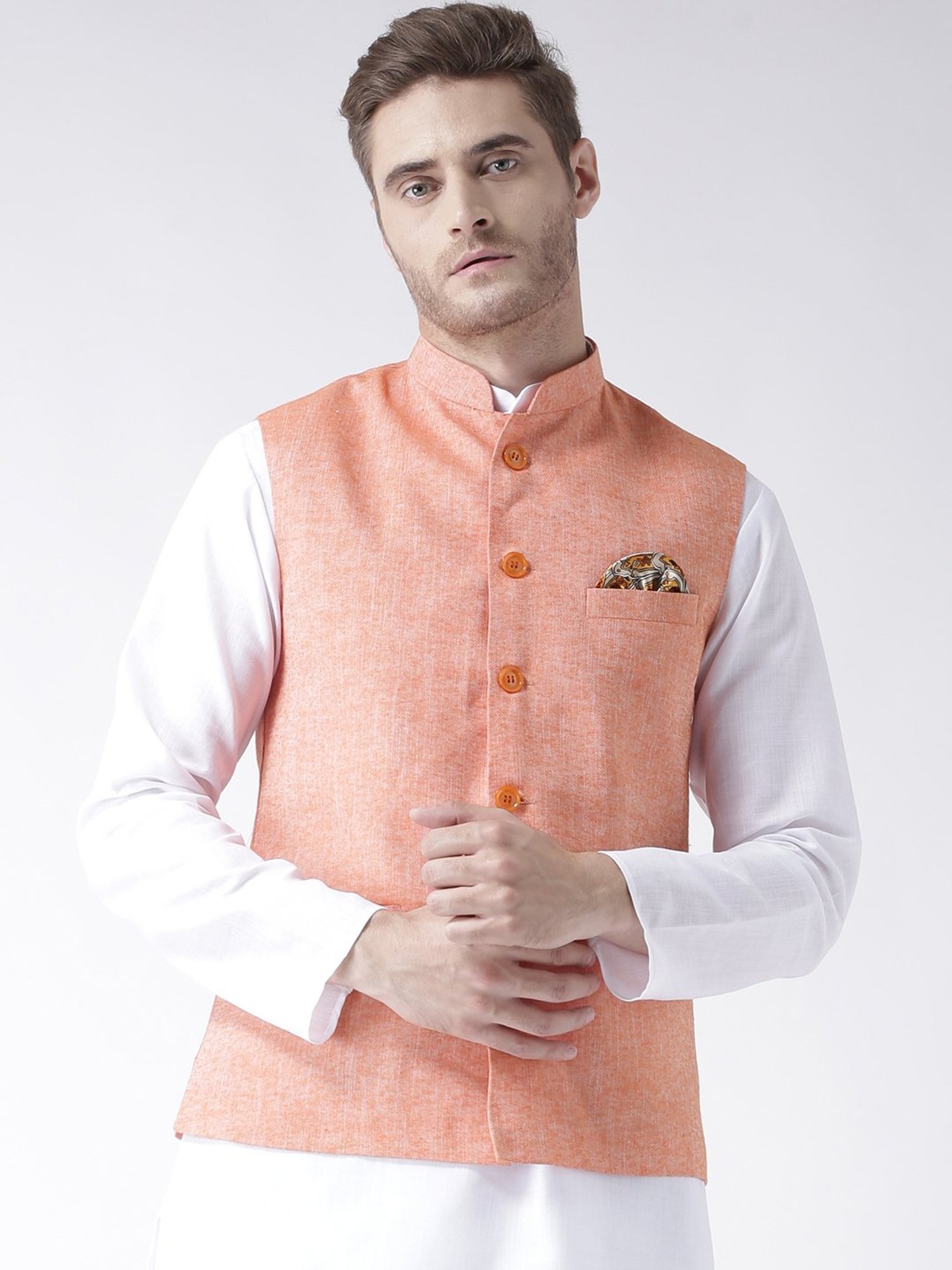 Hangup Plus Orange Regular Fit Linen Nehru Jacket