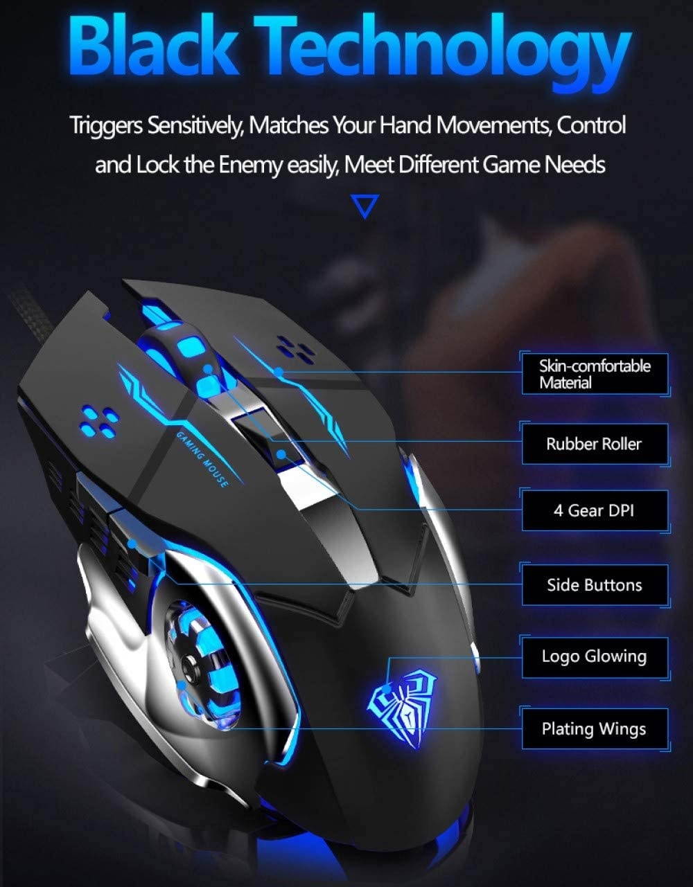 Wired Gaming Mouse 6 Programmable Buttons Ergonomic Mice Colorful LED Light for PC Computer Laptop White