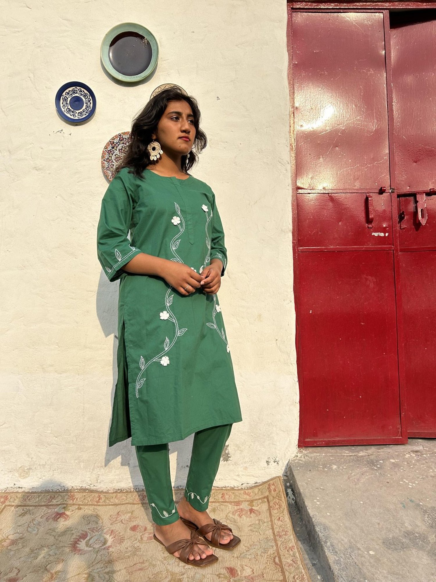 Zuri Green 3D Patch Work Embroidered Cotton Kurta