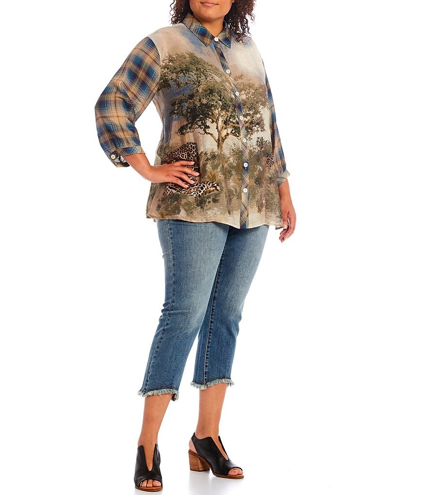John Mark Plus Size Plaid & Animal Nature Print Button Down Hi-Low 3/4 Sleeve Point Collar Tunic