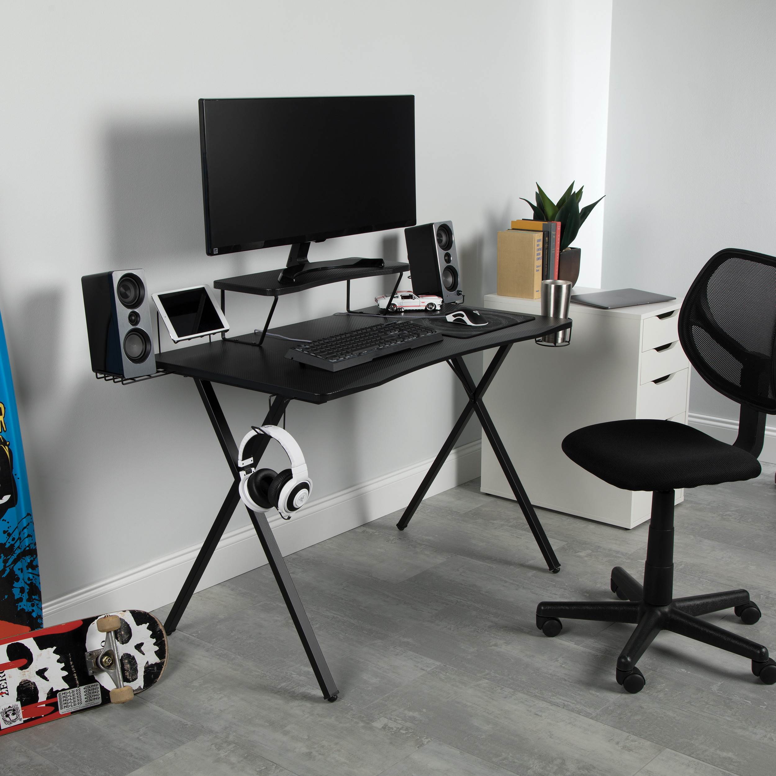 55" Gaming Computer Desk, 35" Monitor Shelf, X-Base, in Black/Black