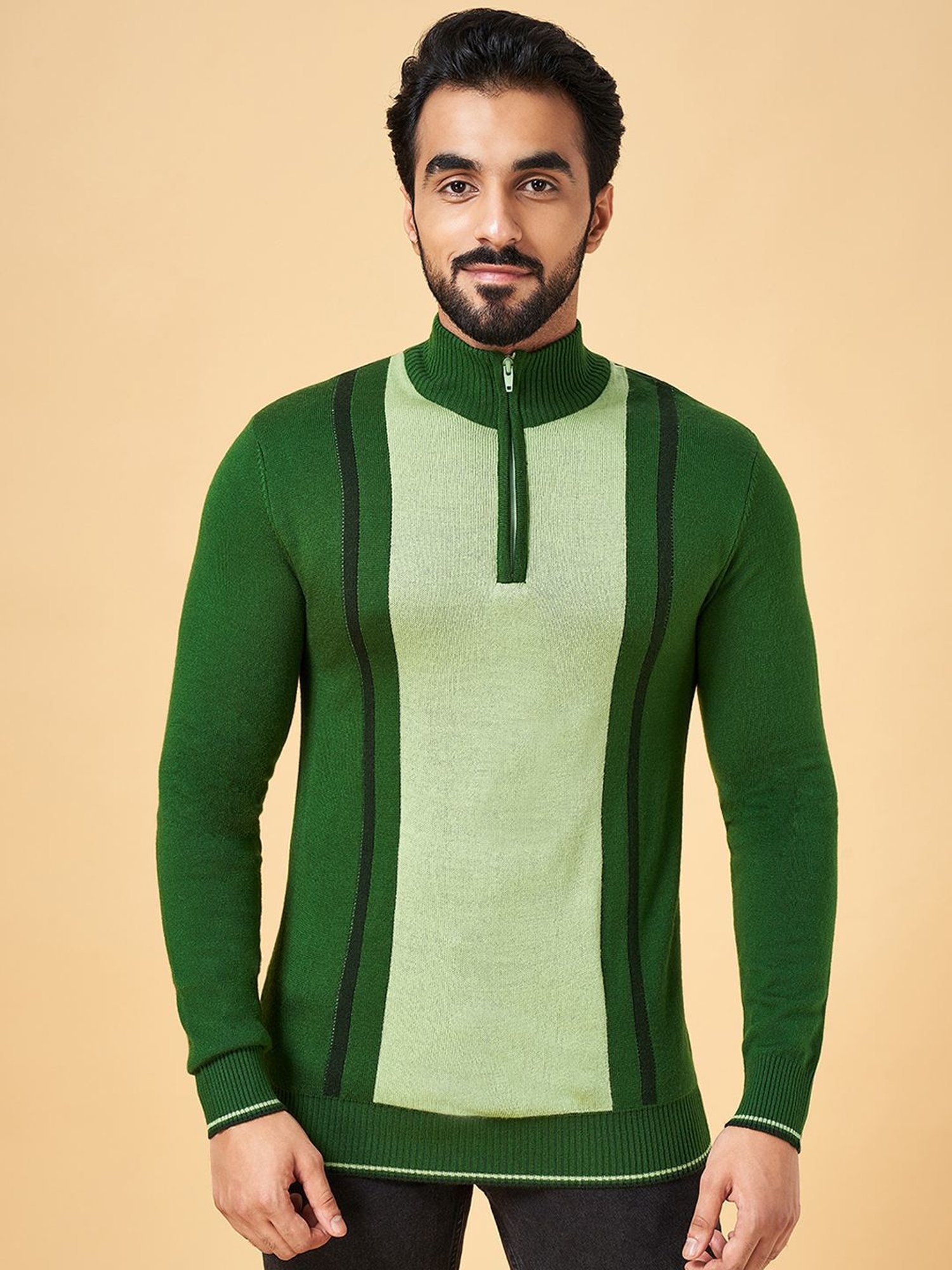 YU by Pantaloons Green Regular Fit Striped Sweater