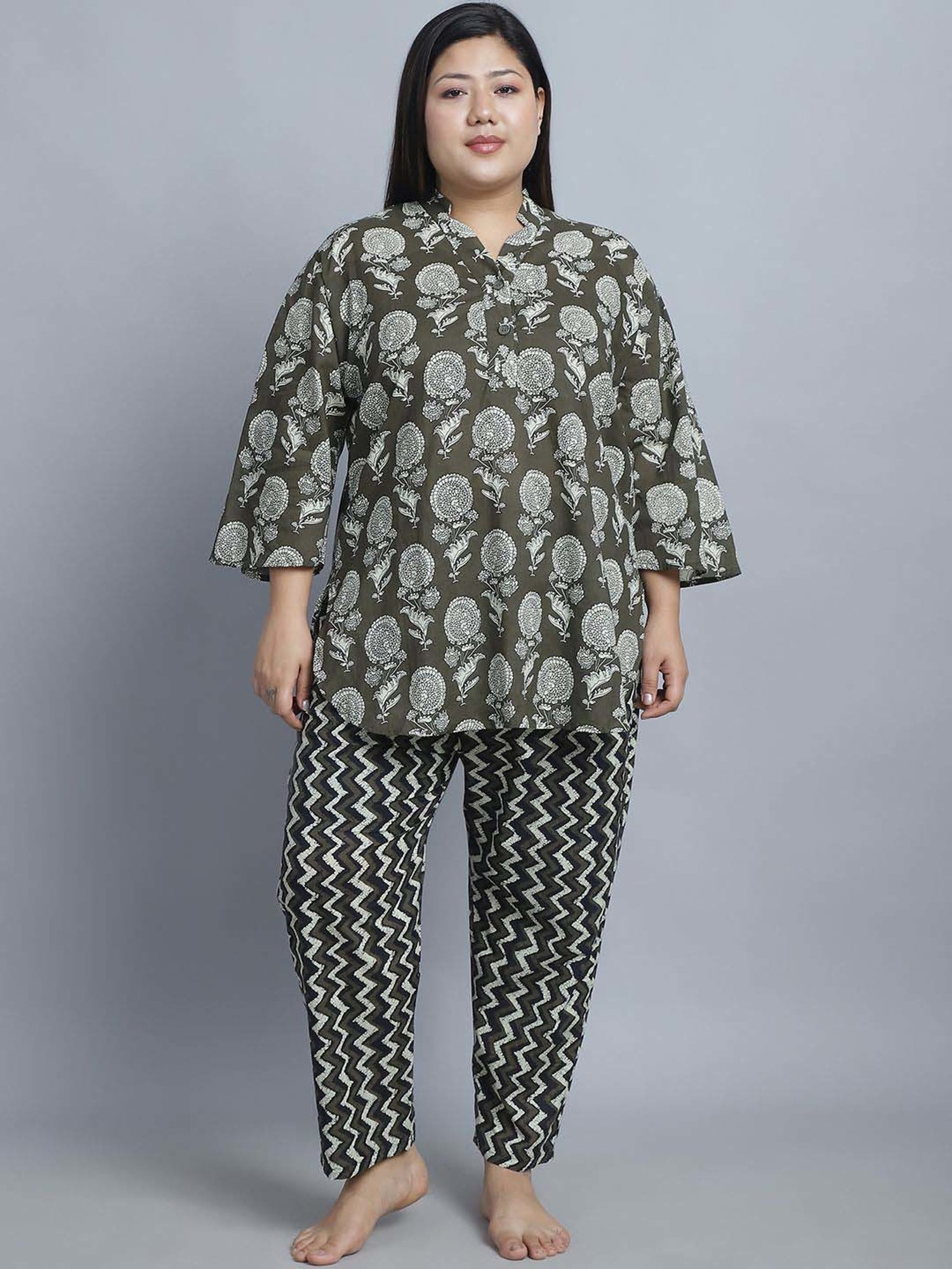 TAG 7 Green Cotton Printed Top Pyjamas Set