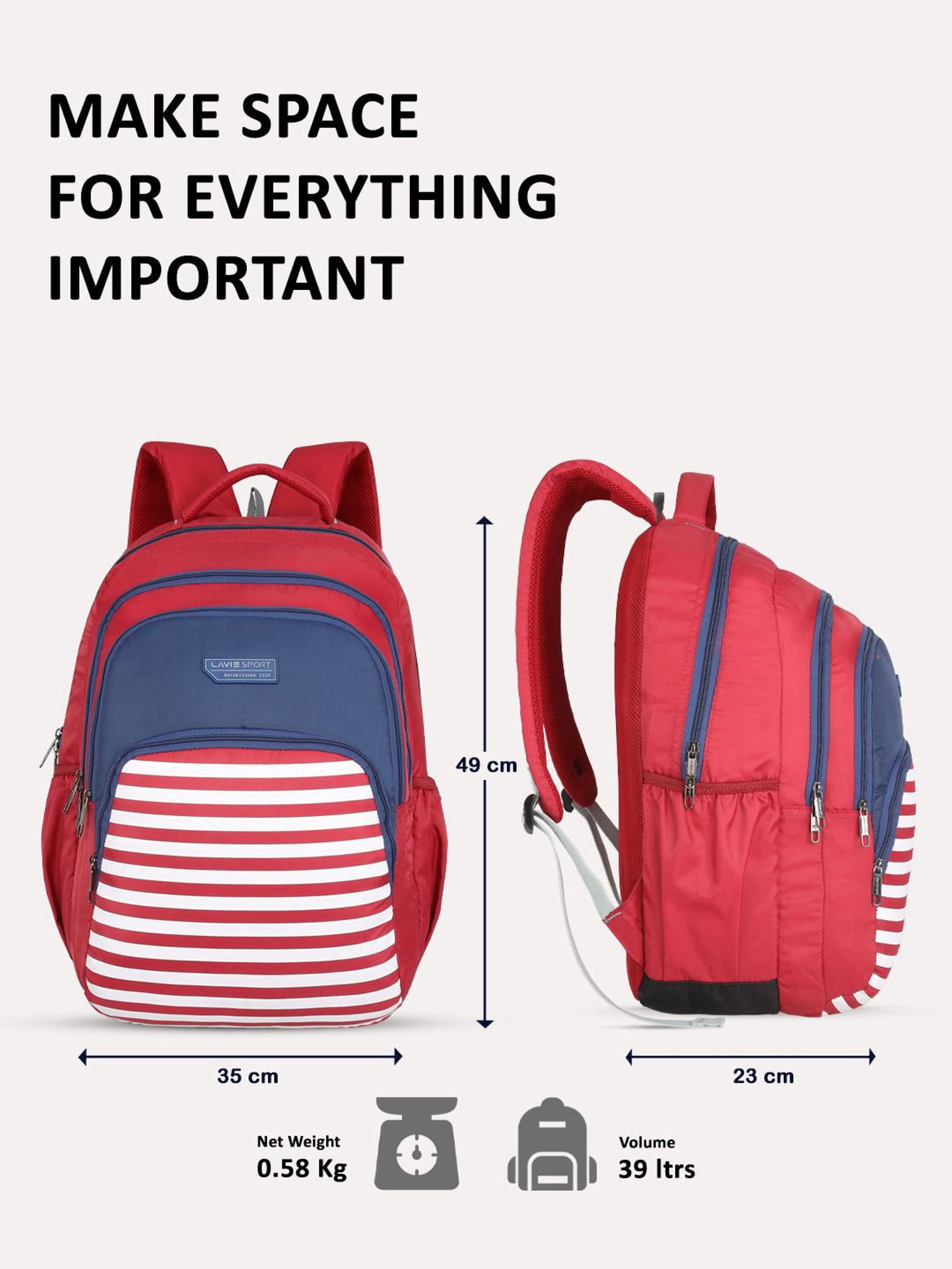 Lavie Sport Nautical 39L Printed School Unisex Backpack with Rain cover for Boys/Girls (Red)