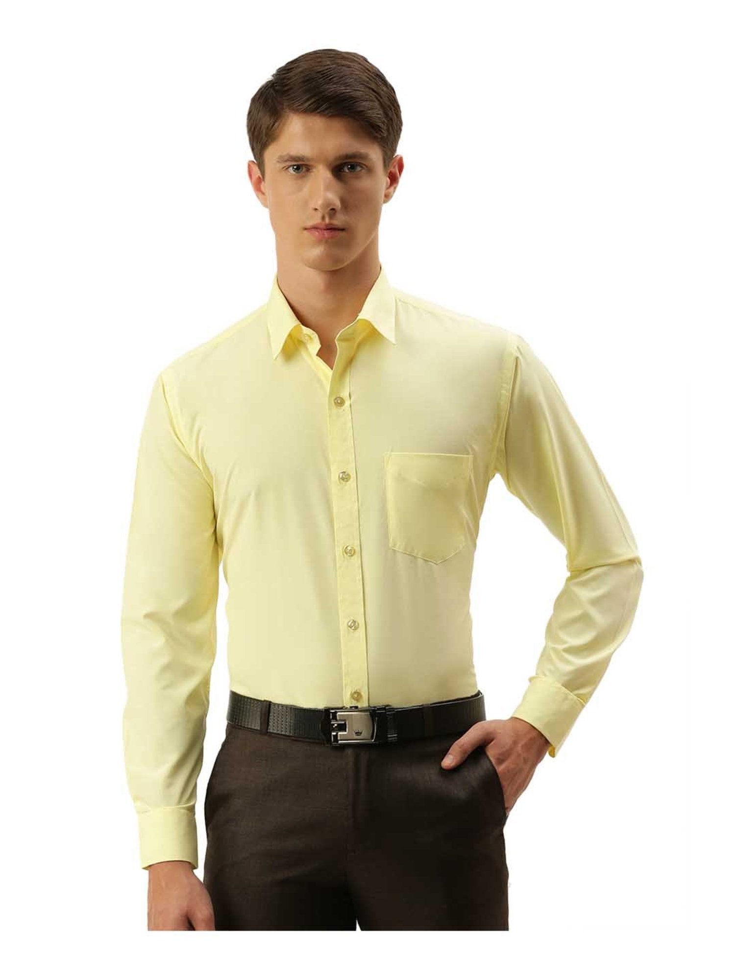 English Navy Yellow Slim Fit Solid Shirt