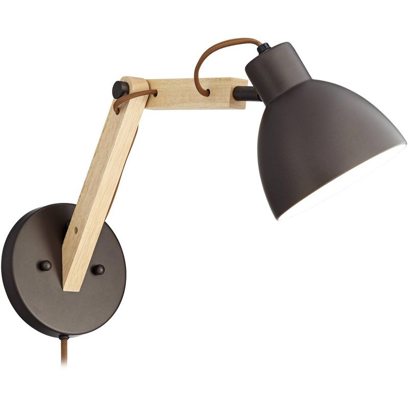 Barnes and Ivy Industrial Wall Lamp Bronze Wood Plug-In Light Fixture Adjustable Arm Metal Shade for Bedroom Living Room Reading