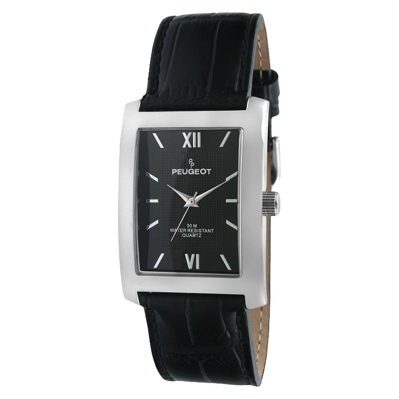 Men's Peugeot Leather Strap Watch - Black