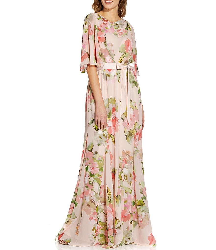 Kay Unger Long Bishop Sleeve V-Neck Crepe A-Line Dress