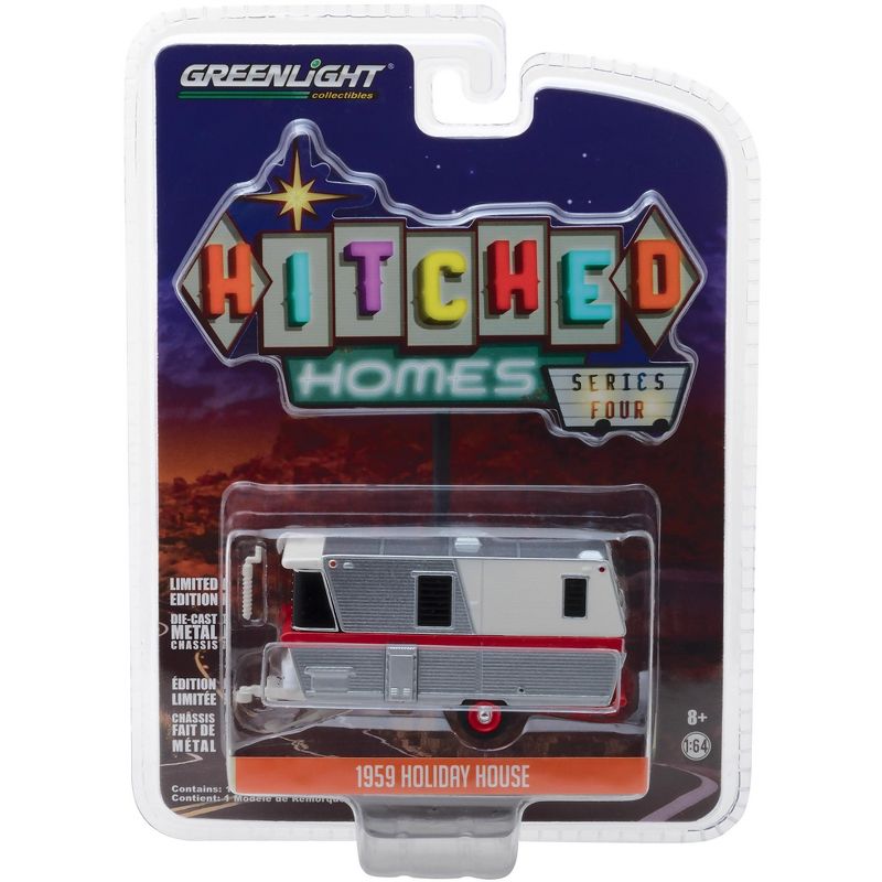 1959 Holiday House Travel Trailer Silver with Red Stripe Hitched Homes Series 4 1/64 Diecast Model by Greenlight