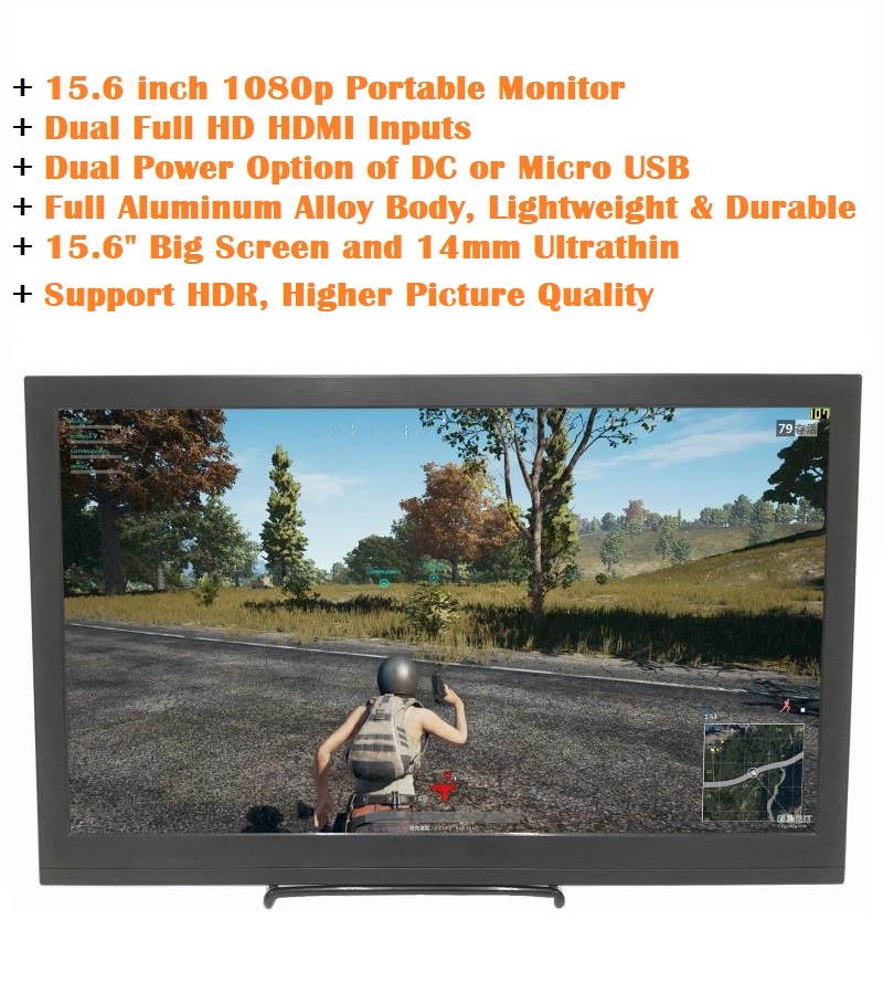 15.6" 1920x1080 Full HD IPS Portable Monitor 1080p HDR with Mini HDMI x 2 / 3.5mm Headphone / Micro USB Ports, 5V/2A Micro USB or 12V/2A DC Power Supply, Slim 15.6 inch Portable Display HDMI Input.