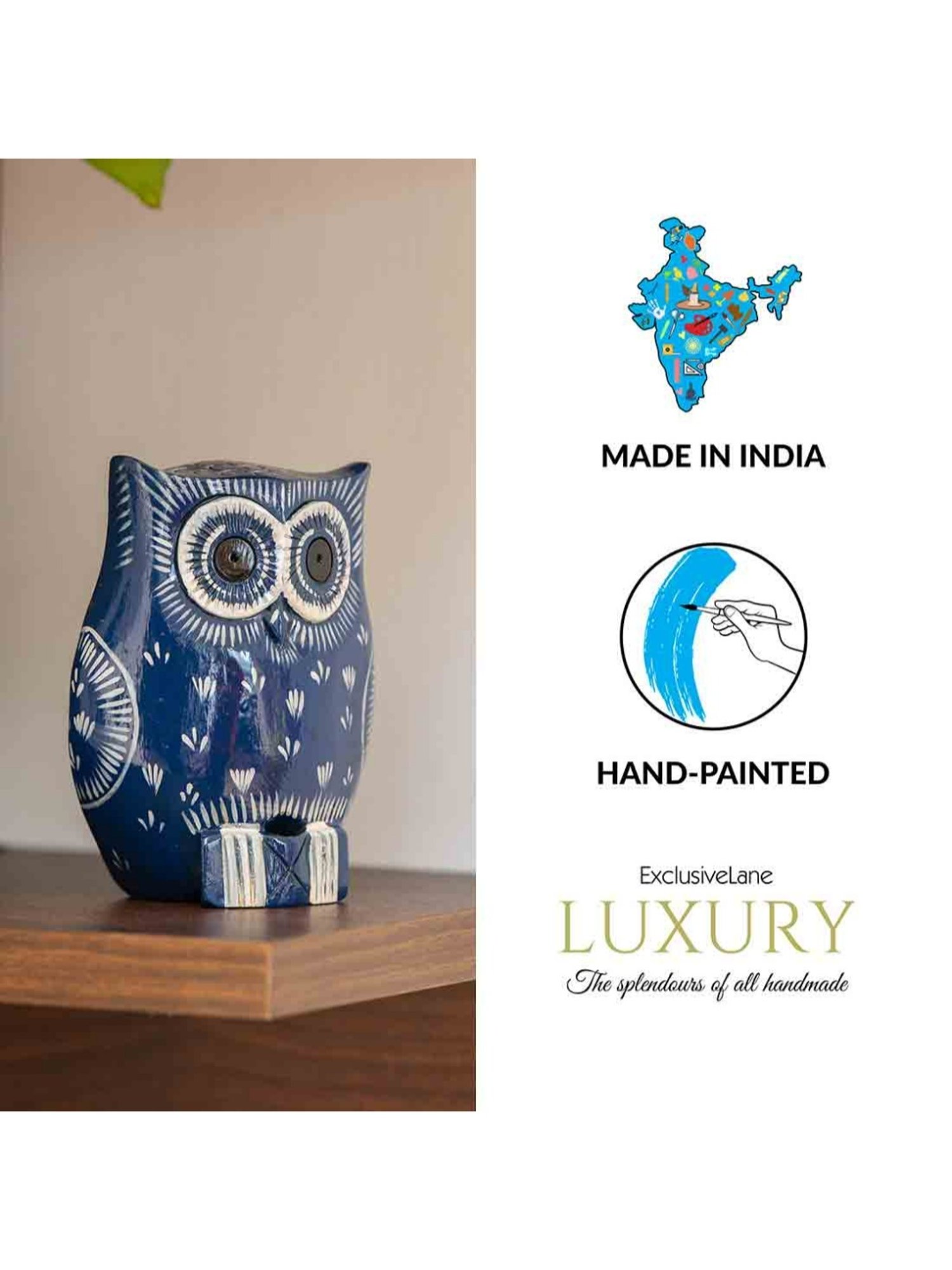 ExclusiveLane Hand-painted Navy Blue & Off-White Eucalyptus Wood The Enlightened Owl Showpiece