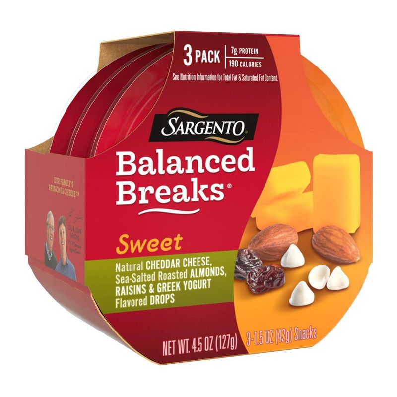 Sargento Sweet Balanced Breaks Natural Cheddar Cheese, Sea-Salted Roasted Almonds, Raisins and Greek Yogurt Flavored Drops - 3pk