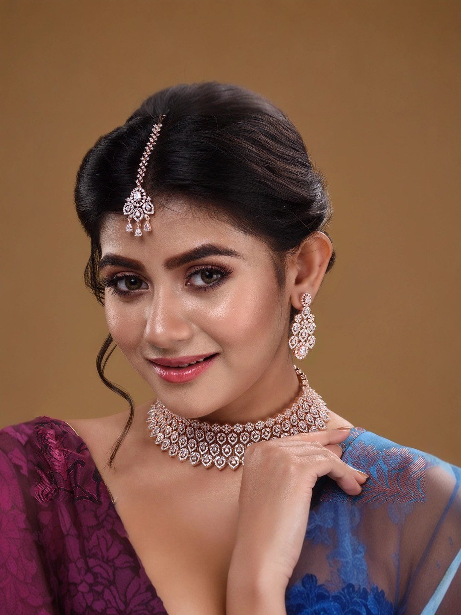 Saraf RS Jewellery Rose Gold Plated White AD Choker with mang Tika jewellery Set