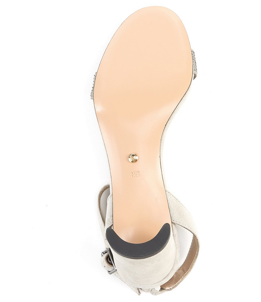 Pelle Moda Moira Metallic Suede Crystal Embellished Ankle Strap Dress Sandals