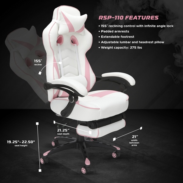 RESPAWN 110 Racing Style Gaming Chair, Reclining Ergonomic Leather Chair with Footrest, in White (RSP-110-WHT)