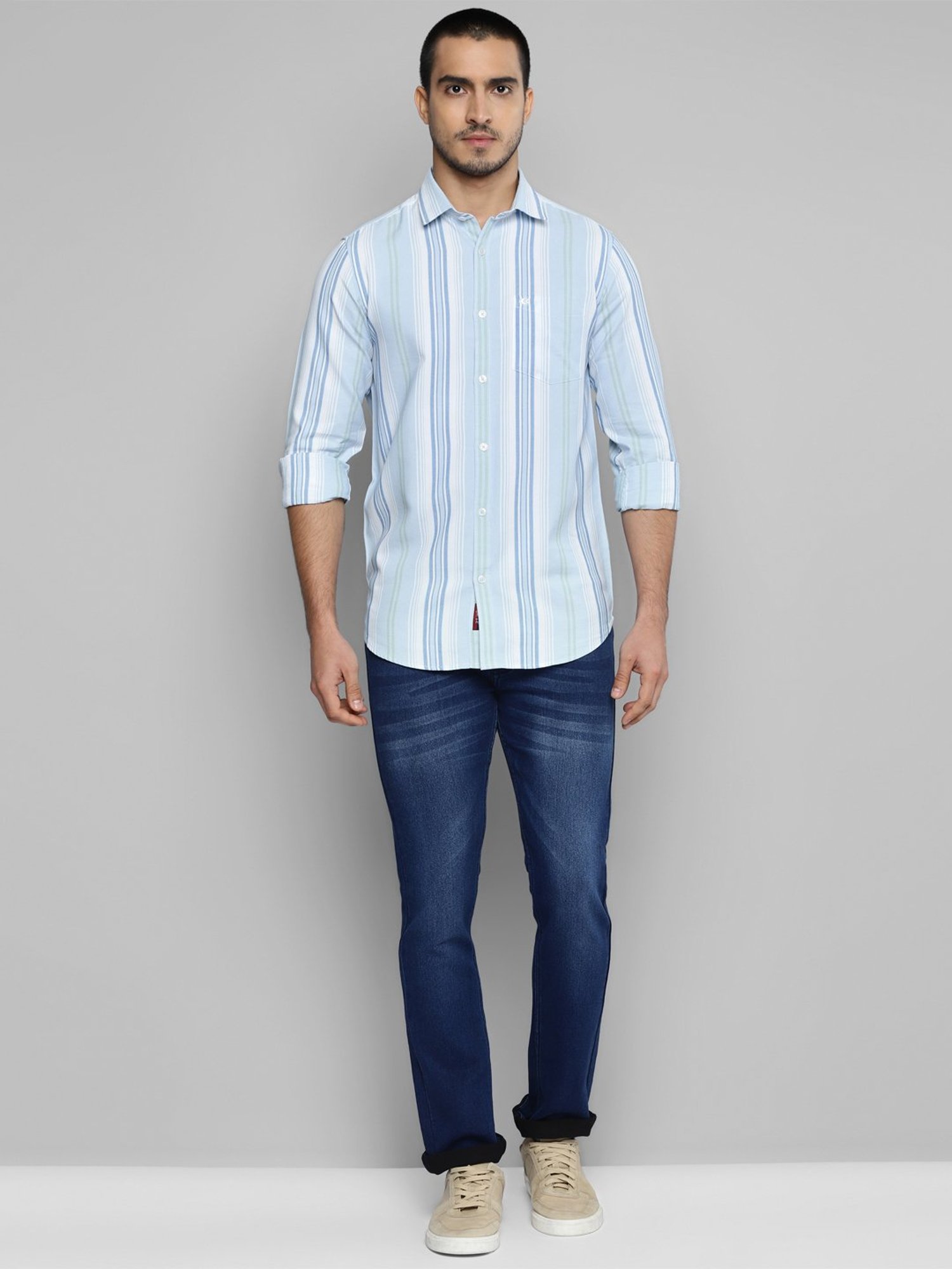 Allen cooper Light Blue Regular Fit Striped Cotton Shirt