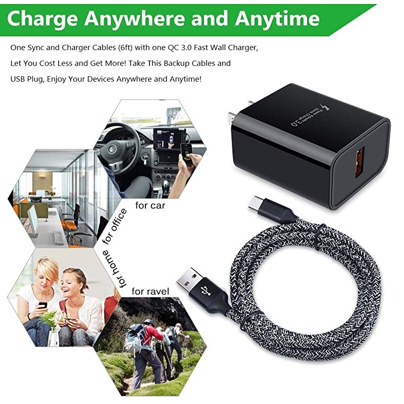 Charge 3.0 Fast Charging USB Wall Charger Plug with 6ft Type C Cable for Samsung Galaxy S21 Ultra/S21+ S20 Note 21 20 Ultra S20 FE A21 A51 A11 A12 A20 A10E A50 A71 A32 A42 A52 S10E S10 5G S9 S8