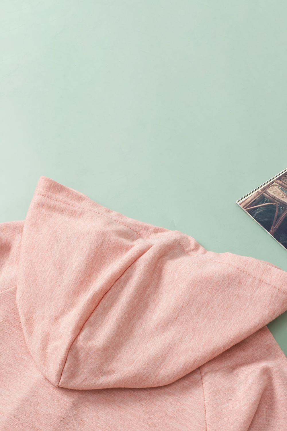 Pink Solid Color Exposed Seam Henley Pullover Hoodie