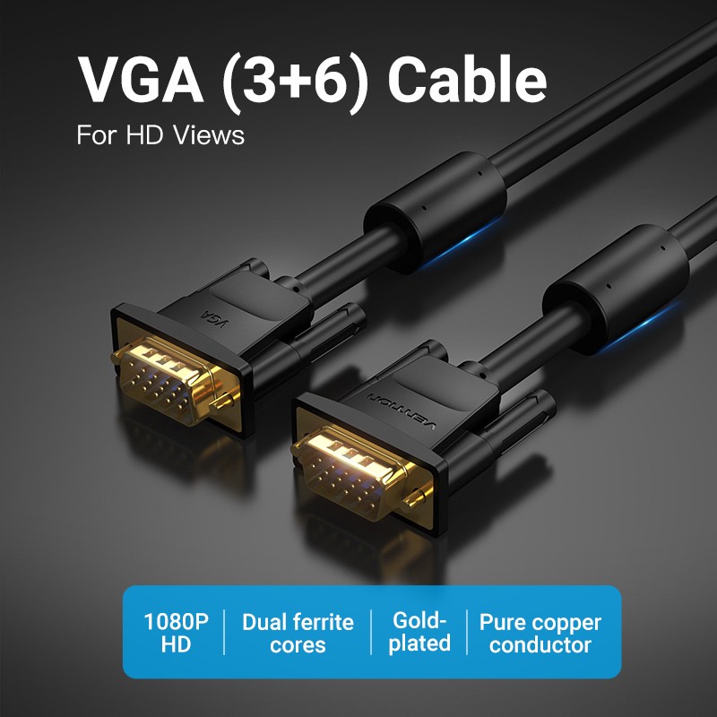 Vention VGA Cable VGA 3+6 Gold-plated Dual Ferrite Cores 1080P VGA Cable for Projector TV Monitor