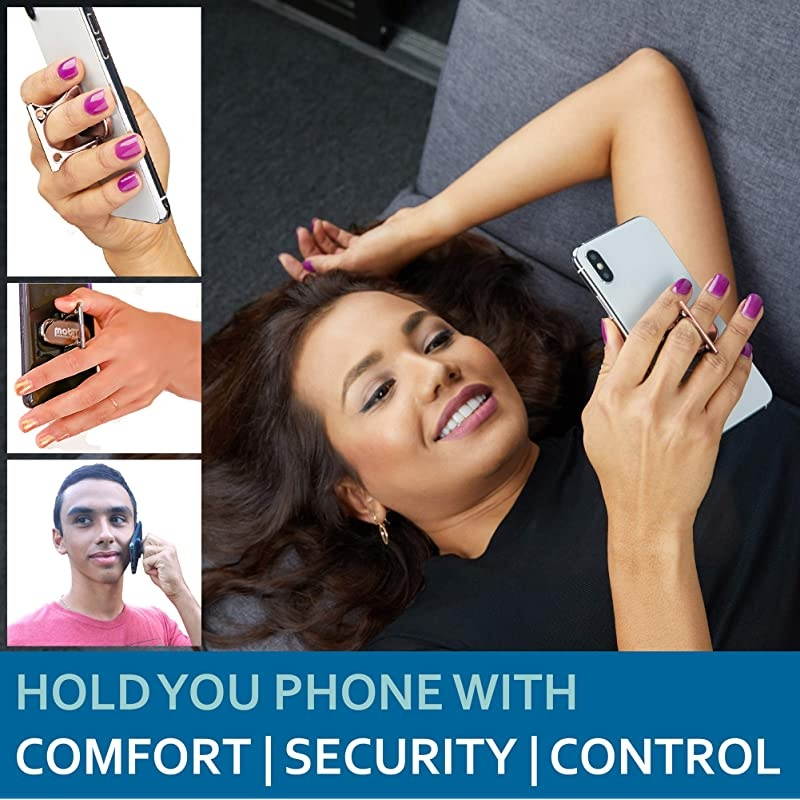 3 Finger Phone Ring Holder Kickstand  Comfy Secure Grip Scratch Resistant Durable Light Metal Ideal for Magnetic Car Mount or Stand Gift Idea w Wrist Strap Rose Gold