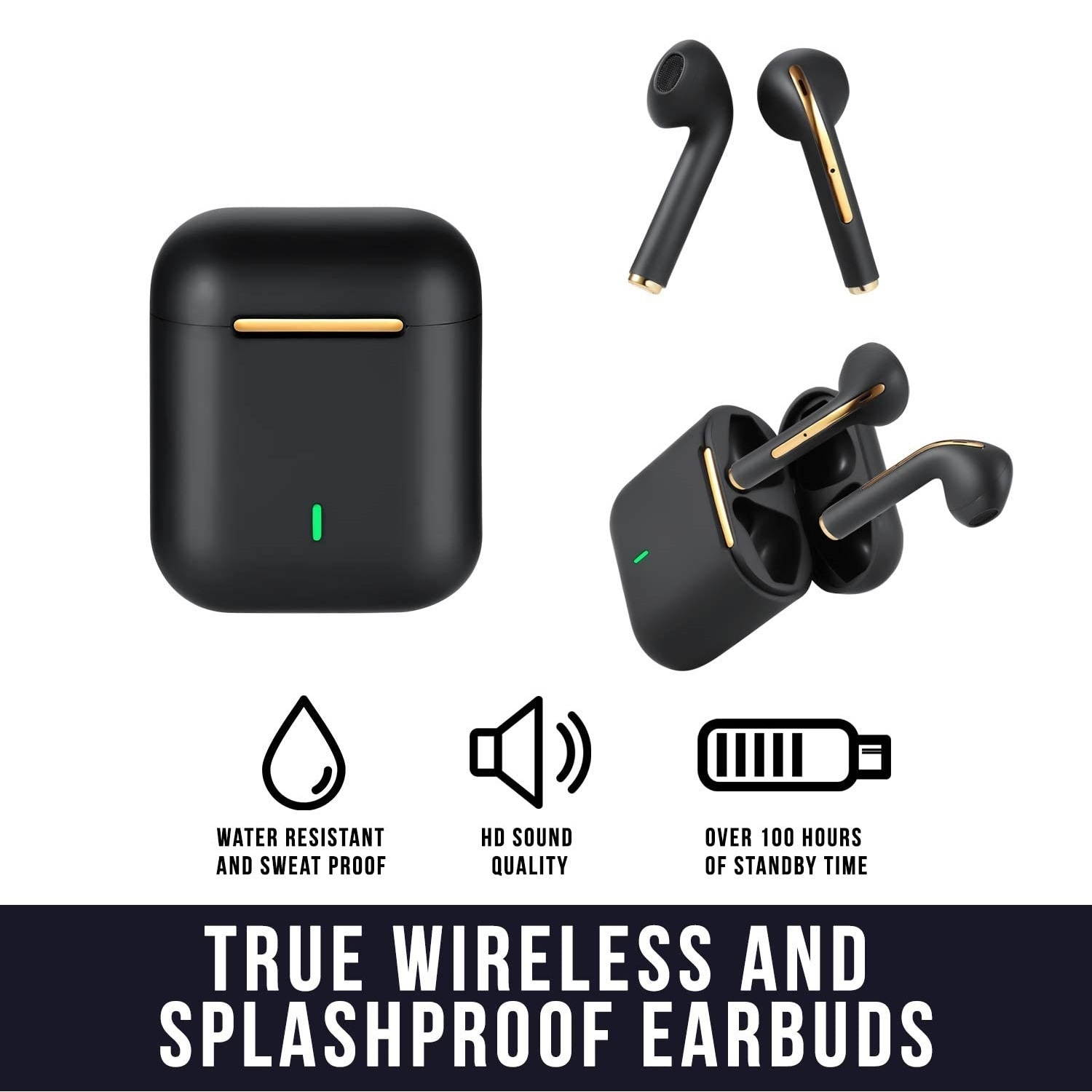 Dartwood True Wireless Earbuds - Portable Splashproof Headphones with Bluetooth Connectivity, Immersive Sound, Mic and Volume Control (Black)