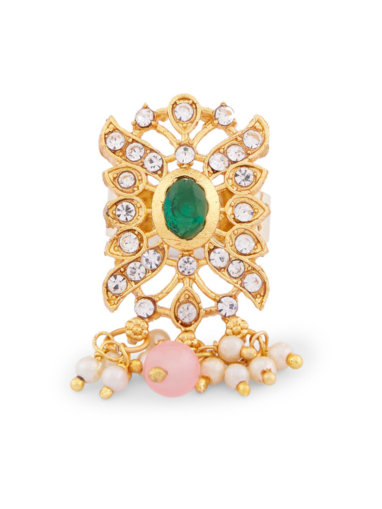 Zaveri Pearls Green & Pink Stones Traditional Choker Necklace Earring & Ring Set-ZPFK13803