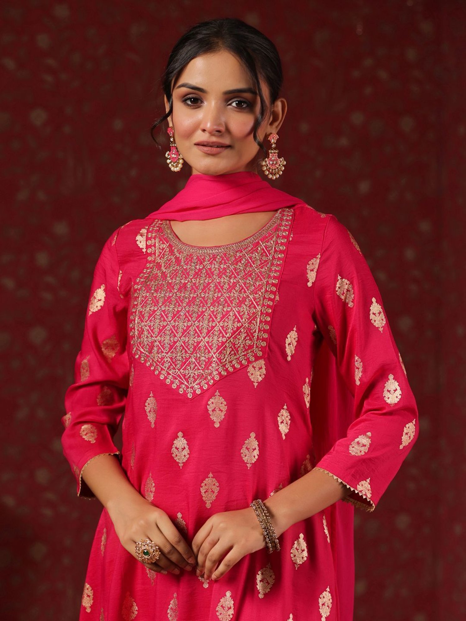 Ishin Pink Embroidered Kurta Pant Set With Dupatta