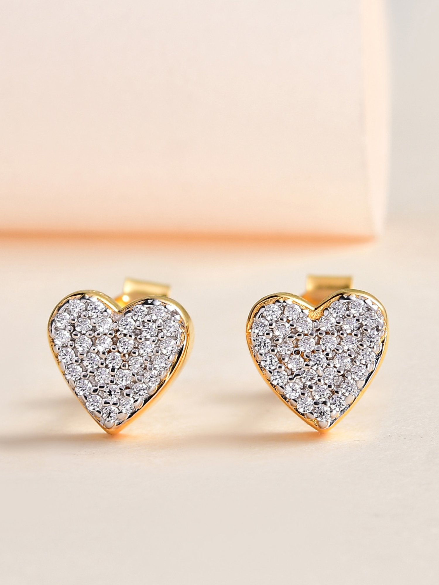 Ornate Jewels 925 Silver American Diamond Gold-Plated Sparkling Hearts Stud Earrings for Women